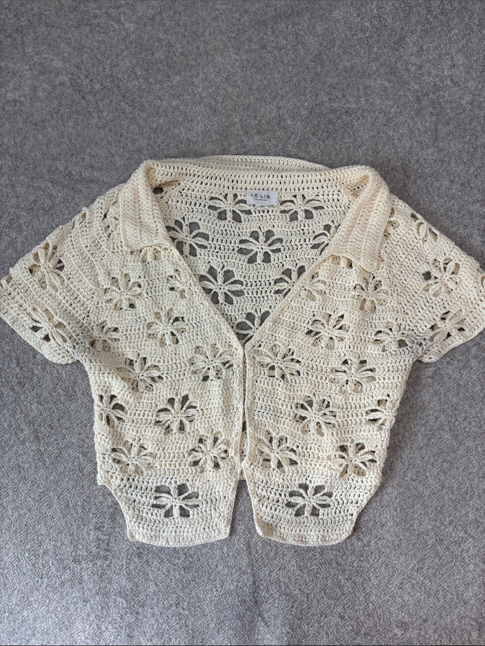 Crochet Floral Short-Sleeve Sweater Cardigan - Cream